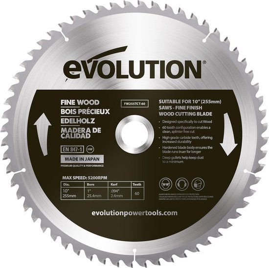 Evolution FW255TCT-60 Zaagblad Fijn Hout 255 x 25.4 x 2.4 mm 60 Tanden