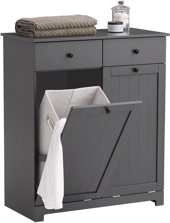 SoBuy Badkamerkast met Wasmanden en 2 Lades – Grijs, 78x38x90 cm