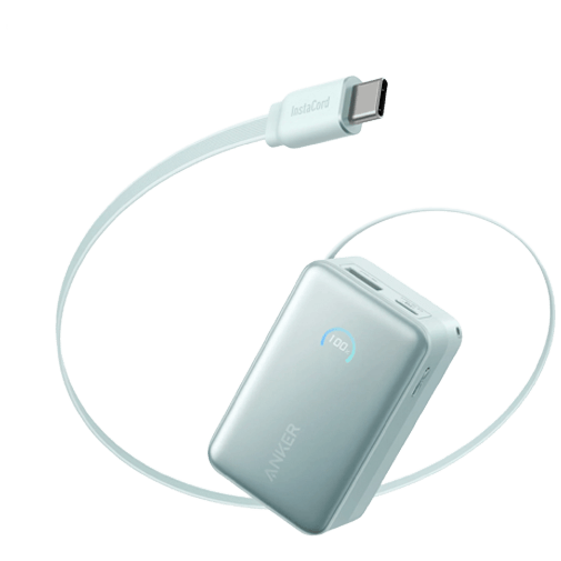Anker Nano USB-A + USB-C Snellader Powerbank 10.000mAh Blauw met Uitschuifbare Kabel
