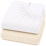 DUDU N GIRLIE Super zachte dikke premium kwaliteit 100% katoenen jersey hoeslaken. Pack van 2 (wieg (40x90cm), wit & crème)