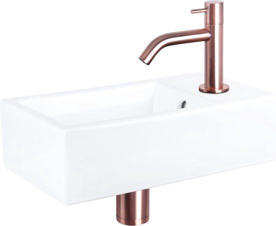 Differnz Force Fonteinset - 40x22cm - Wit Keramiek - Gebogen Kraan - Rood Koper