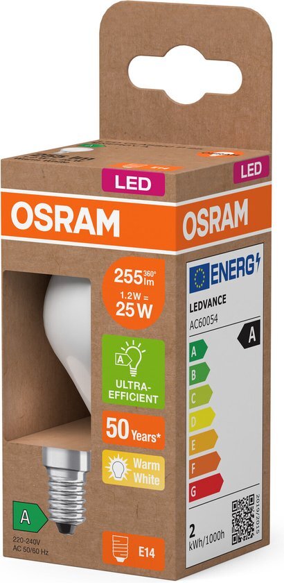 Osram LED lamp in classic miniball shape, with decorative LED filament in frosted design, energy efficiency class A, E14, 1.2 W, 255 lm, 2700 K, warm white. 100% light straight away.