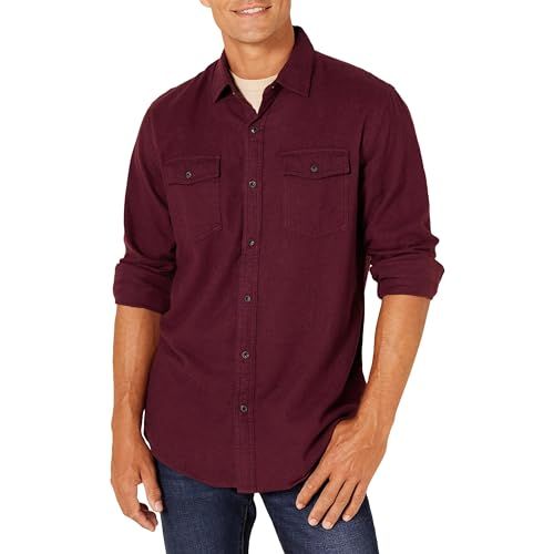 Amazon Essentials Men's Regular-Fit Long-Sleeve Solid Flannel Shirt - Burgundy Heather - L