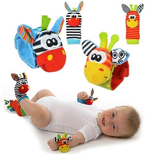 Funky Planet Baby rammelaar speelgoed - schattig dier baby 4 stks (2 stks taille en 2 stks Sozzy sokken) zachte pols bel riem rammelaars en voet sokken Finder Set ontwikkelingszacht speelgoed voor kinderen van