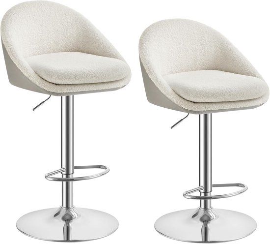 VASAGLE Barstoel set van 2 – Keuken-/barstoel met in hoogte verstelbaar zitvlak en 360° draaibare zitting + rugleuning & voetensteun – Stalen frame – Kleur: Crèmewit – Model LJB110W01