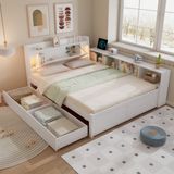 OEM ZKOO B.V. Tweepersoonsbed, paneelbed, hoofdeinde met opbergvak + 2 lampen, met oplaadpunt, zijkasten en lades, grenen + spaanplaat + MDF, wit, 140x200 cm