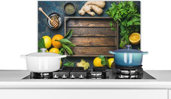 KitchenYeah Spatscherm keuken 70x50 cm - Fruitkist Citroen - Aluminium