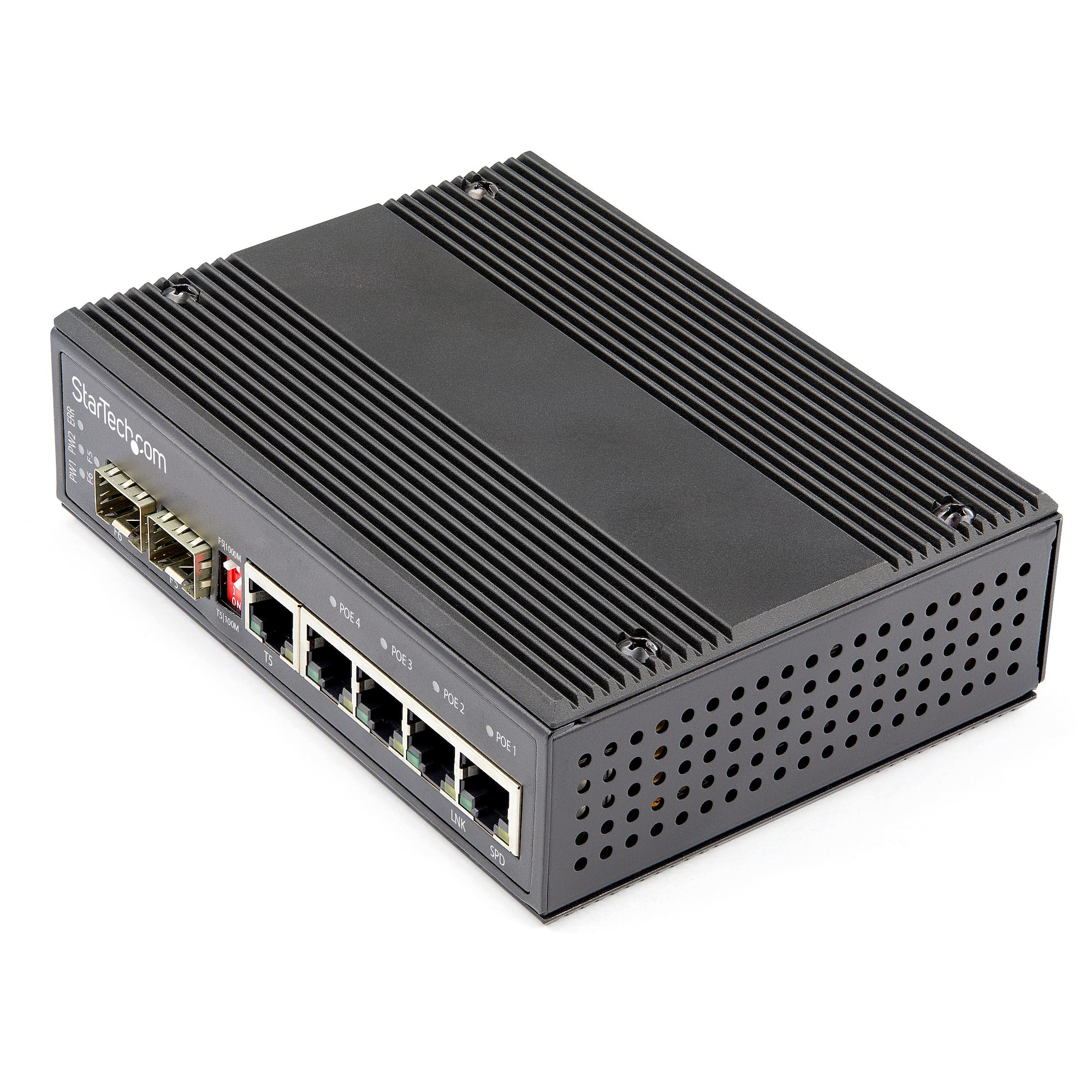 StarTech.com Industrial 6 Port Gigabit Ethernet Switch 4 PoE RJ45 +2 SFP Slots 30W PoE+ 12-48VDC 10/100/1000 Rugged Power Over Ethernet LAN Switch -40C to 75C DIN Monteerbaar