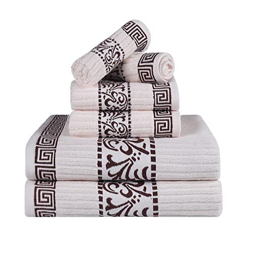 Superior 6-Piece Towel Set - Greek Pattern - Premium Cotton - Bathroom/Spa Decor - Home Essentials