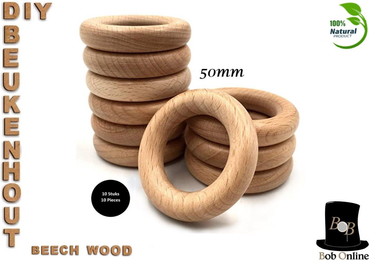 Bob Online ™ – 50mm Beukenhout Ringen - 10 Stuks - 50mm DIY Houten Ringen - DIY Beech Wood Rings - Houten Ringen - Voor knutselen, doe-het-zelf Handwerk, Sieraden Maken, Houten Ring, Voedings Ketting, Plantenhanger, Decoratie Ringen - Servetringen