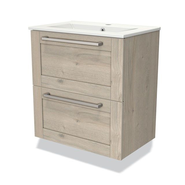 Maxaro Badkamermeubel 60cm Modulo Slim Lichtgrijs Eiken 2 Lades Kader Wastafel Keramiek