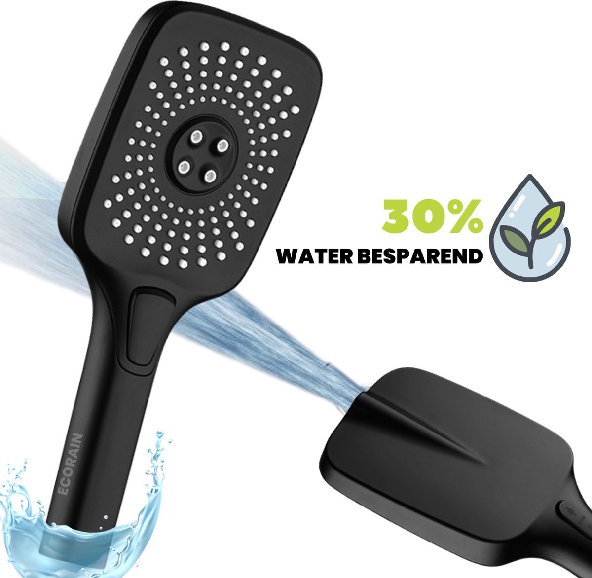 EcoRain EcoRain™ Waterbesparende Douchekop - 30% Waterbesparend - Regendouche - 3 Sproeistanden - Hoge Druk - + Ingebouwd Waterfilter (voor Chloor en Onzuiverheden) - Betere Huid - Handdouche - Luxe Moderne Douchekop - Zwart