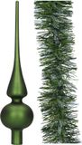 Kaemingk B.V. Décoration de Noël étoile en verre 26 cm mat - avec guirlande de Noël 270 cm - vert foncé