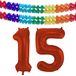 Folat Verjaardag Leeftijd folieballon - 15 jaar - rood - 86 cm - cijferballon groot - incl 2x feestslingers