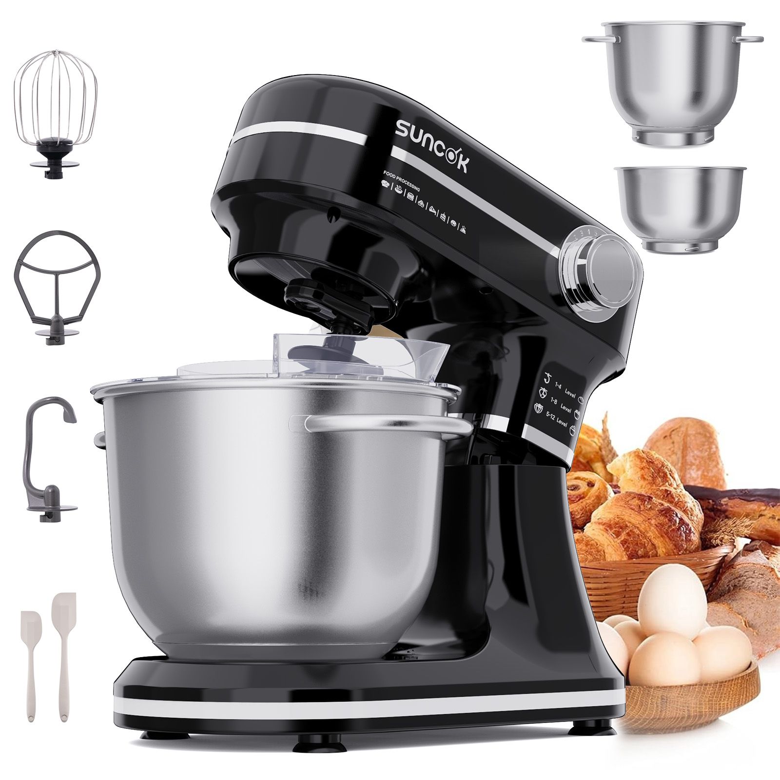 NONE Elektrische keukenmachine en mixer, 1500W, twee roestvrijstalen mengkommen (4,5L en 5,5L), multifunctionele deeghaak