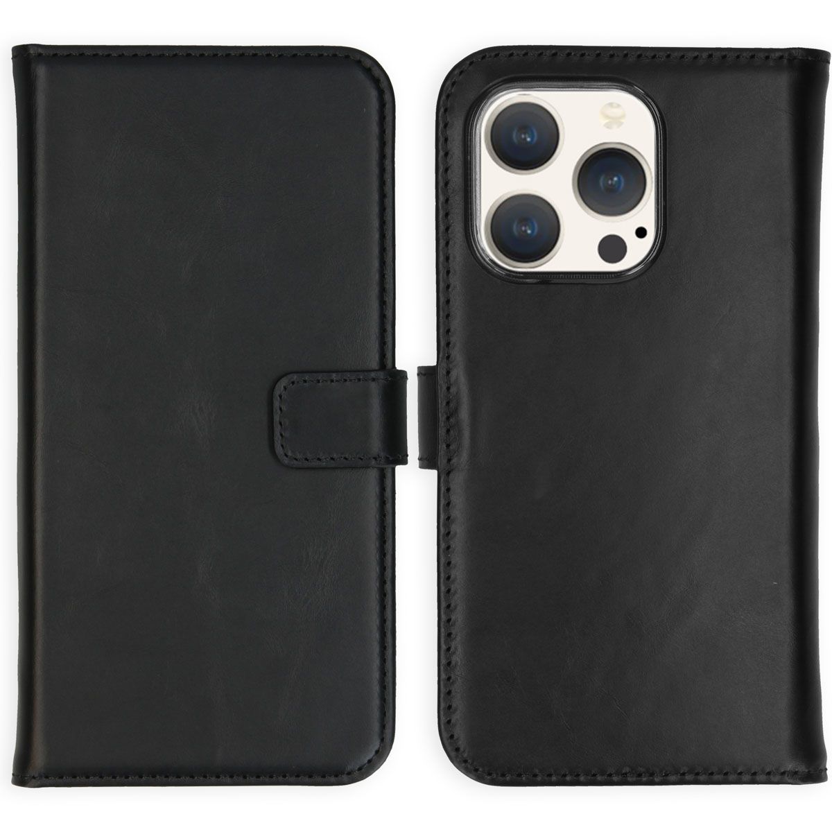 Selencia Echt Lederen Bookcase iPhone 15 Pro - Zwart - Flip Case - Pasjeshouder