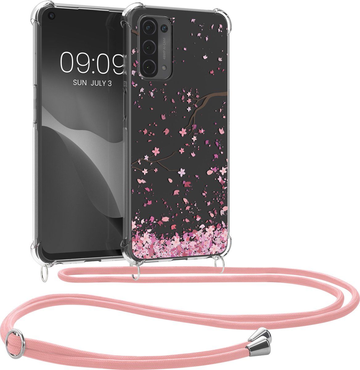 kwmobile telefoonhoesje voor Oppo A74 (5G) / A54 (5G) - Hoesje met koord in poederroze / donkerbruin / transparant - Back cover voor smartphone