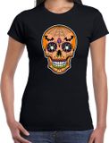 Bellatio Decorations Shoppartners Bv Skelet Gezicht Day of the Dead Verkleed T-shirt Zwart voor Dames - Carnaval / Halloween Shirt / Kleding / Kostuum M