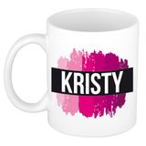 Bellatio Decorations Kristy naam cadeau koffie mok - beker - met roze verfstrepen - Cadeau collega - moederdag - verjaardag - juf - coach - 300 ml - wit