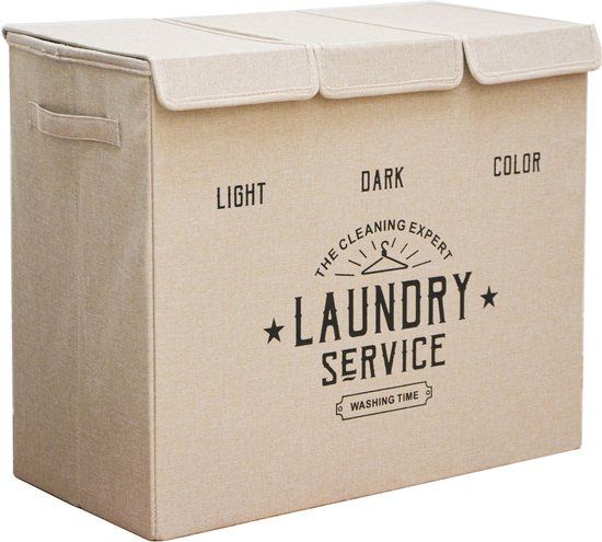 DuneDesign Wasmand 84L - 3 Vakken met Deksel - Beige - Opvouwbaar