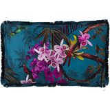DRW Velvet Rectangular Cushion with Digital Print, Flowers and Birds, Zipper, 50 x 30 cm