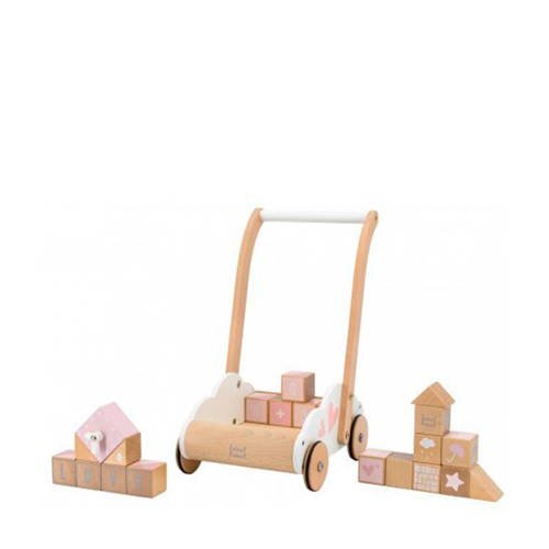 Label-Label Wood houten Loopwagen met educatieve blokken roze