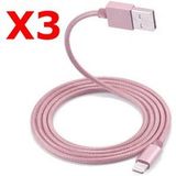 Little Boutik X3 Metaal Nylon Versterkte USB-kabel Roze Kleur voor iPhone 1,5 m Gevlochten Compatibel iPhone 5s/6/6S/7/8/X