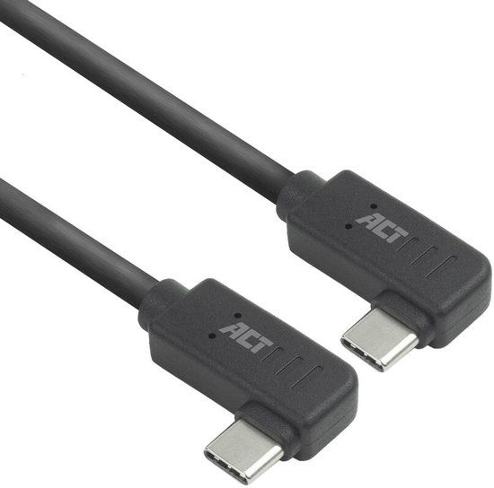ACT USB-C kabel 1m, 10Gbps, 60W, haaks links/rechts naar haaks links/rechts, zwart