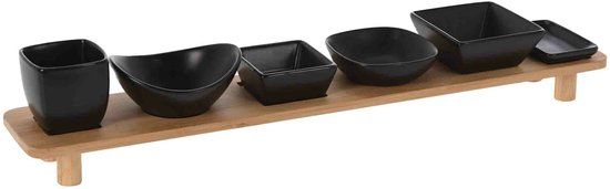Excellent Houseware Serveerplank - met 6 hapjes/saus/tapas schaaltjes - schaaltjes - hout - 50 x 8 cm