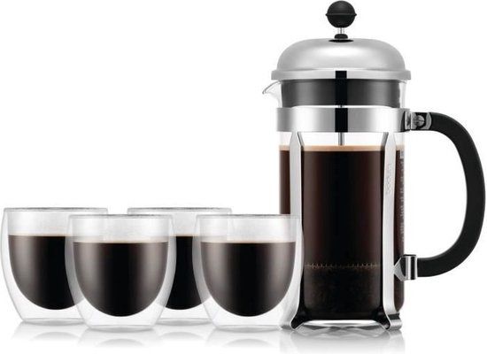 Bodum CHAMBORD SET French press koffiezetapparaat - 8 kopjes - 1,0 l - Zilver/Transparant/Zwart + 4 dubbelwandige PAVINA glazen - 25 cl