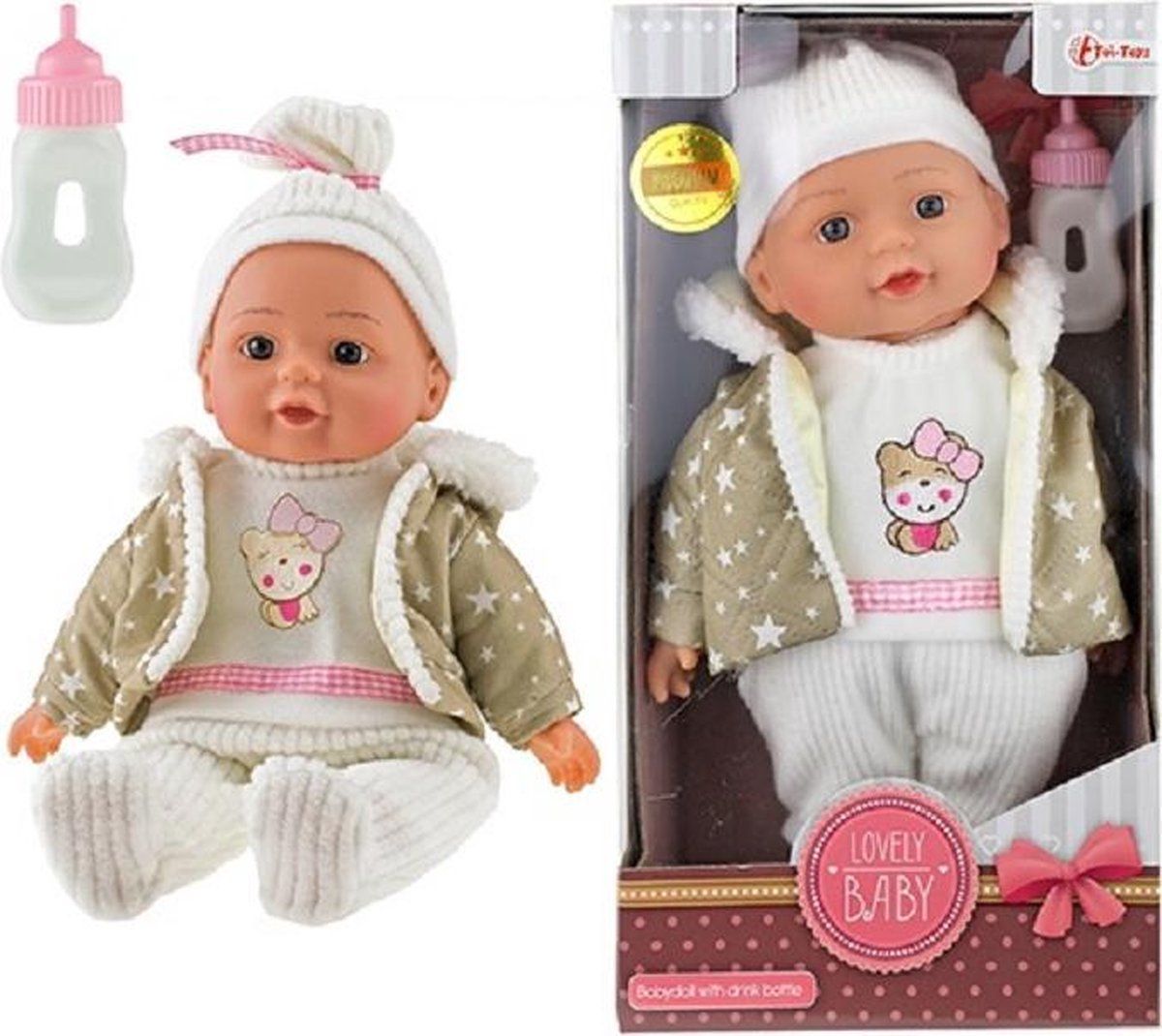 Toi Toys Lovely Baby Babypop - 32cm - Winterkleding en Flesje - Multicolor