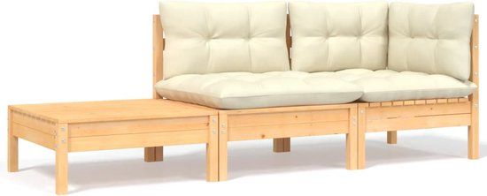 vidaXL 3-delige Loungeset met crèmekleurige kussens massief grenenhout