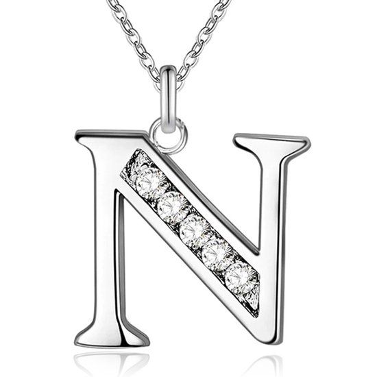LGT JWLS Lookinggoodtoday Zilverkleurige Letter N Dames Ketting met Zirkonia