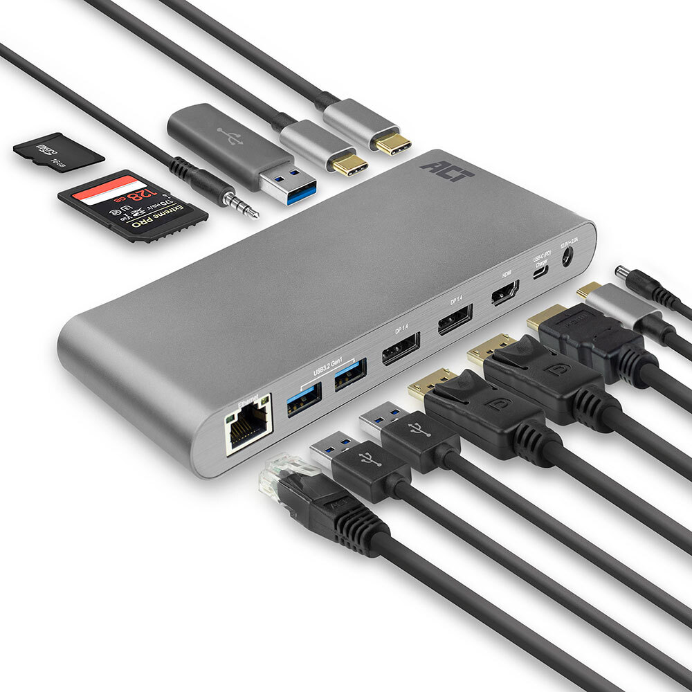 ACT AC7046 USB-C Docking station 3 monitoren HDMI, DisplayPort, met ethernet, USB hub, cardreader en audio