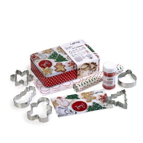 Lékué koekjesset in mooie geschenkdoos, bestaande uit 5 uitsteekvormen, decoratieve suikerstrooisjes, recept met decoratieve ideeën en tips, 20 geschenkpapieren zakjes met stickers om op te plakken en te beschrijven.