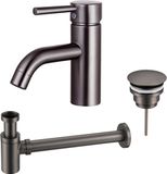 Fortifura Calvi Wastafelkraanset - lage wastafelkraan - always open plug - verlaagde design sifon - PVD - geborsteld gunmetal (antraciet)