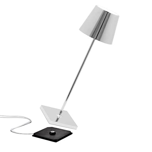 Zafferano Poldina Pro Draadloze LED Tafellamp Oplaadbaar, Touch-Dimmer, Lange Levensdruu, met USB-Multi-Oplader (EU,VK,VS) H38cm Aluminium behuizing met glanzende galvanische afwerking - Zilver