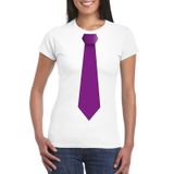 Bellatio Decorations Shoppartners Bv Carnaval verkleed t-shirt - met paarse stropdas - wit - dames - korte mouwen XL