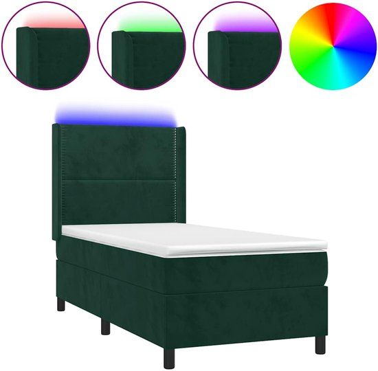 vidaXL Boxspring met matras en LED fluweel donkergroen 90x200 cm