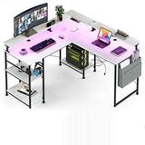 ELVANZA L-vormig bureau, 140 x 140 x 85 cm, omkeerbaar hoekbureau voor computer, met stopcontact en LED-strip, gamingbureau met monitorhouder en opbergvakken, langwerpig dubbel bureau, wit