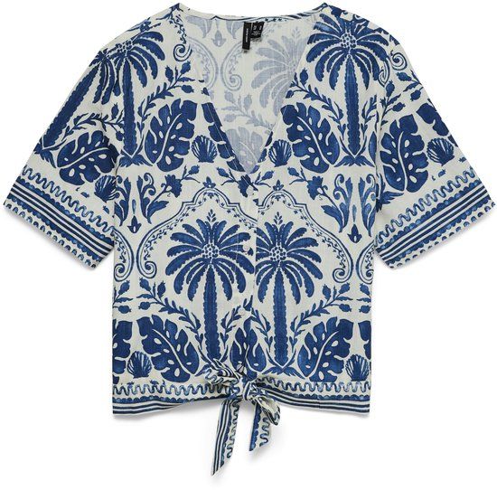 VERO MODA VMADELINE SS TIE SHIRT EXP Dames Blouse L Katoen Gebloemd V-hals Korte mouw Casual