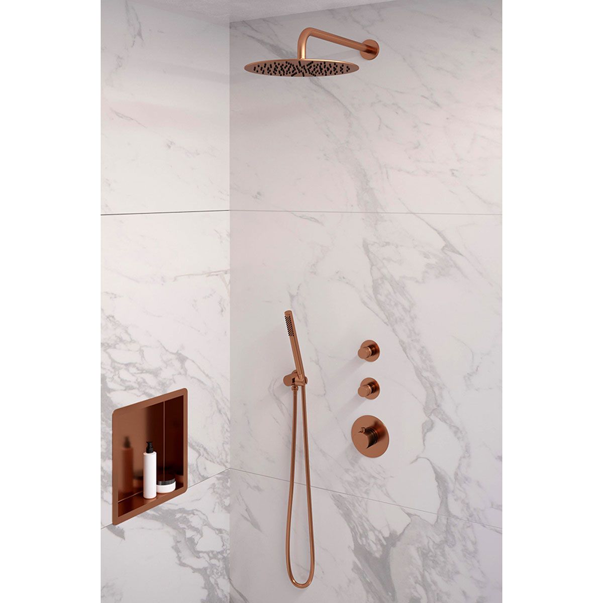 Brauer Regendoucheset 18 Inbouw Muur Copper Edition 30cm Rond Geborsteld Koper PVD 3 Greeps 3-weg Met Thermostaatkraan en Staafhanddouche