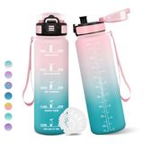 Waterfles, Roze&Cyaan Waterfles, 1 liter BPA-vrij, Sportwaterfles, Met tijdmarkering, Lekdicht sluitingsdesign