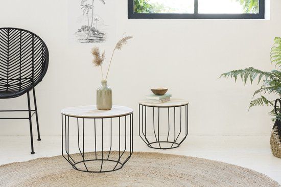 LIFA LIVING 2-delige Bijzettafel Set - Design - Metaal & Hout - Zwart/Naturel