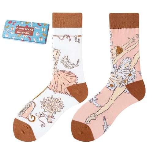 NxnChc Grappige sokken voor dames en heren, uniseks, diverse motieven, dieren, eten, sport, kunst, katoen, cadeau, asymmetrisch ontwerp, links-rechts, Balletje