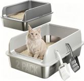 Merkloos Set van 2 kattenbakken uit roestvrij staal, 60 x 40 x 20 cm, met hoge zijkant