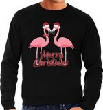 Bellatio Decorations Foute Kersttrui / sweater - voor heren - Merry Christmas - zwart - roze flamingo's M