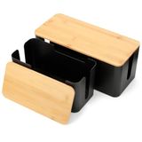 AiQInu Set van 2 zwarte kabelboxen, kabelverstoppen met houten deksel, stekkerafdekking, kabelbox voor verlengkabel, meervoudige stopcontacten en televisie