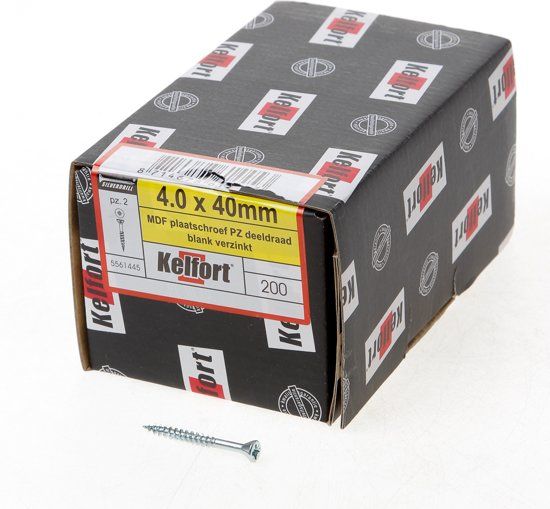 Kelfort MDF plaatschroef platverzonken kop pozidriv verzinkt deeldraad 4.0 x 40mm (200 stuks)