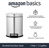 Amazon Basics Ronde Cilindrische Kleine Softclose Prullenbak met Voetpedaal voor Badkamers en Kleine Ruimtes 5L Geborsteld Roestvrij Staal
